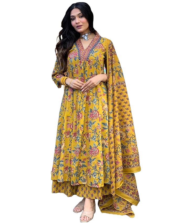 GoSriKi Women’s Rayon Viscose Anarkali Printed Kurta with Palazzo & Dupatta
