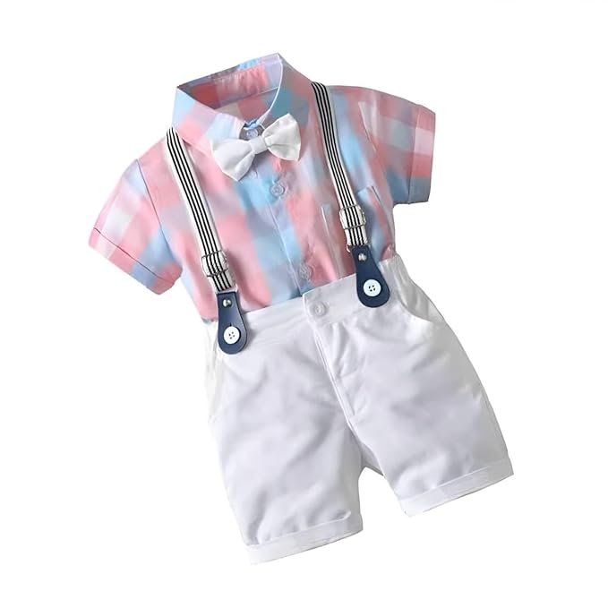 Dsnsenterprize Kids Boys Printed Cotton Short Sleeve Collared Neck Ethnic Wear Spandex Shirt & Shorts with Bow tie.