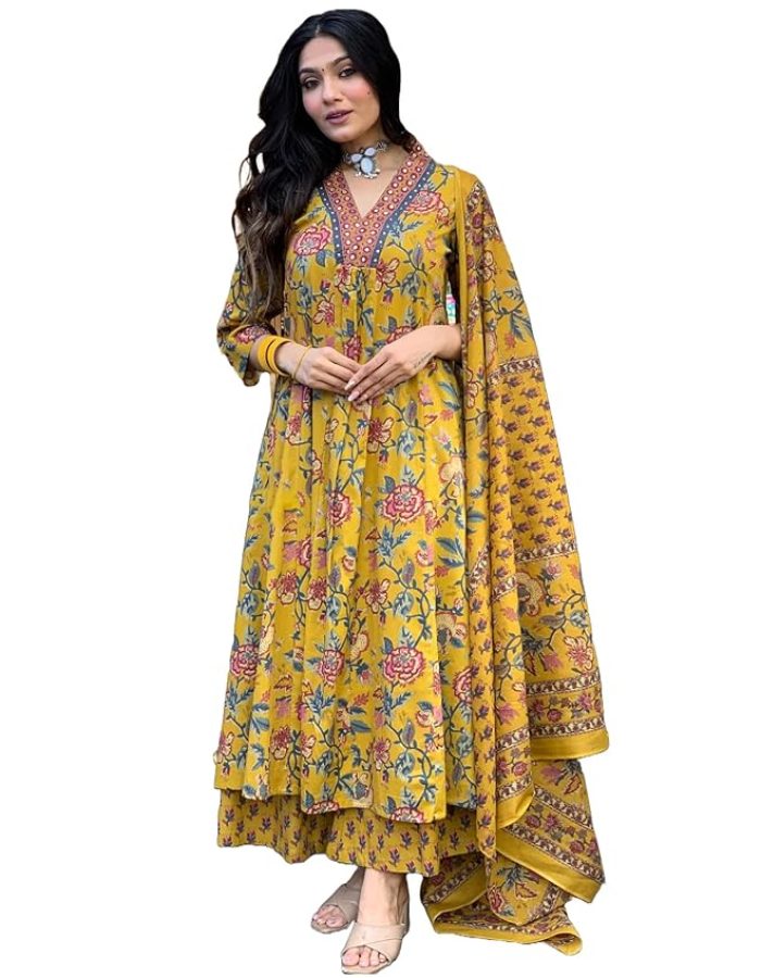 GoSriKi Women’s Rayon Viscose Anarkali Printed Kurta with Palazzo & Dupatta