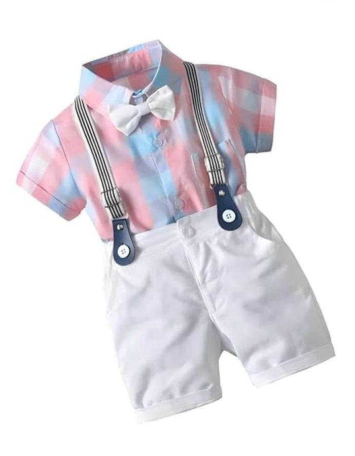 Dsnsenterprize Kids Boys Printed Cotton Short Sleeve Collared Neck Ethnic Wear Spandex Shirt & Shorts with Bow tie.