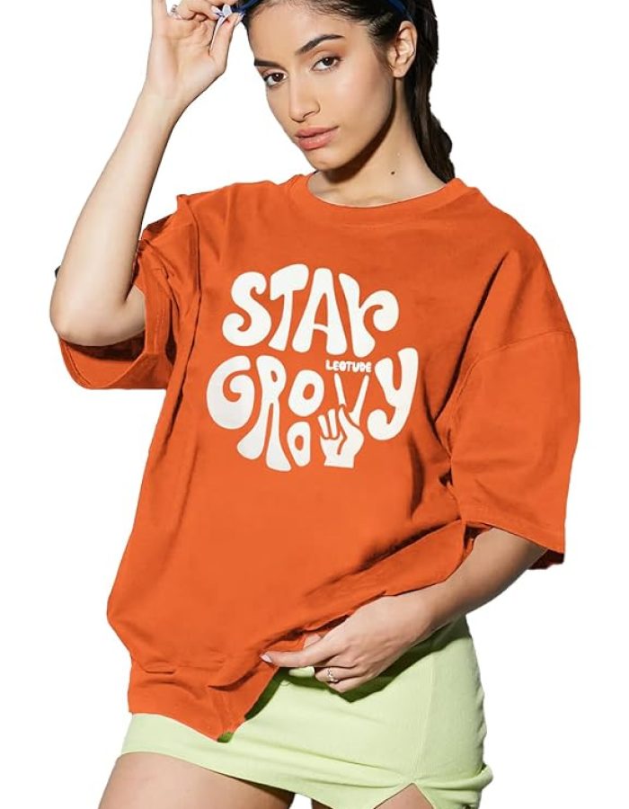 LEOTUDE Women’s Cottonblend Half Sleeve Oversized Drop Shoulder T-Shirt (Color Red)